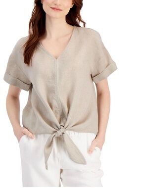 Charter Club | Linen Tie-Front Top Flax XS Beige V-neck Short Sleeves